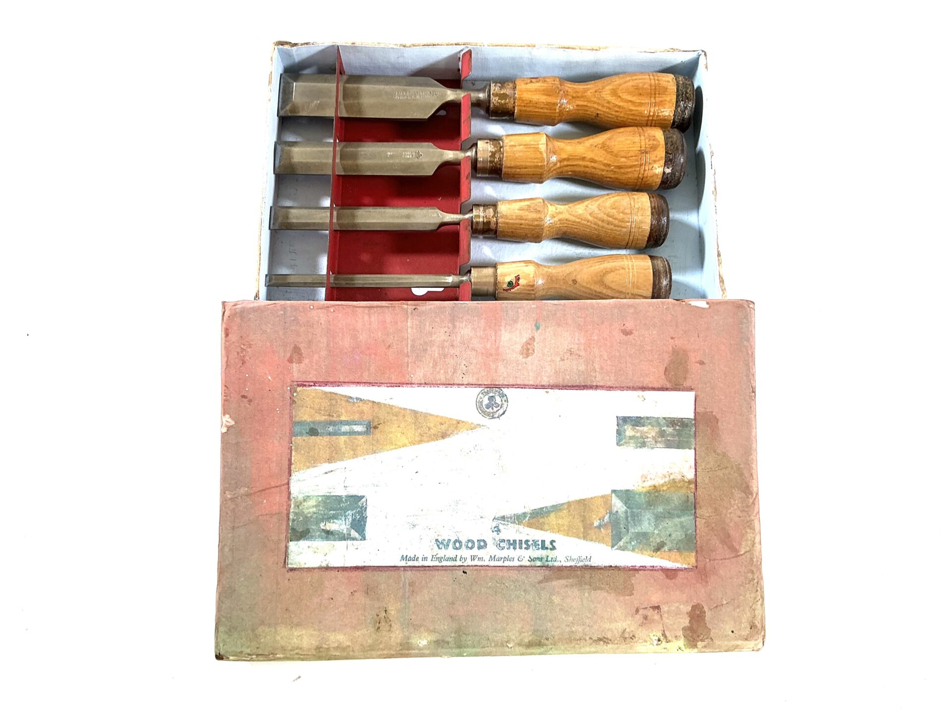 Rare & early boxed set of MARPLES bevel edge firmer chisels. (43411)